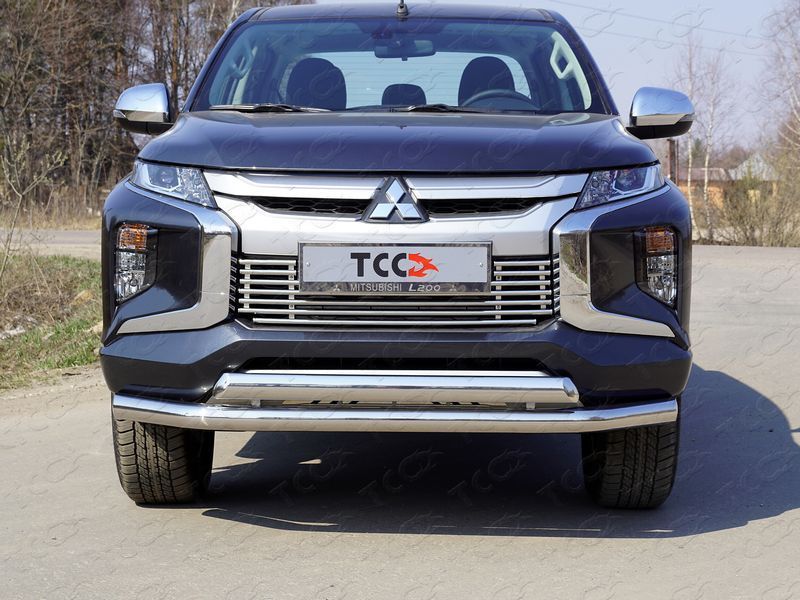 Защита переднего бампера (нижняя, двойная)  76,1/75 мм. - Mitsubishi L200 2015-2024 - Защита переднего бампера - 